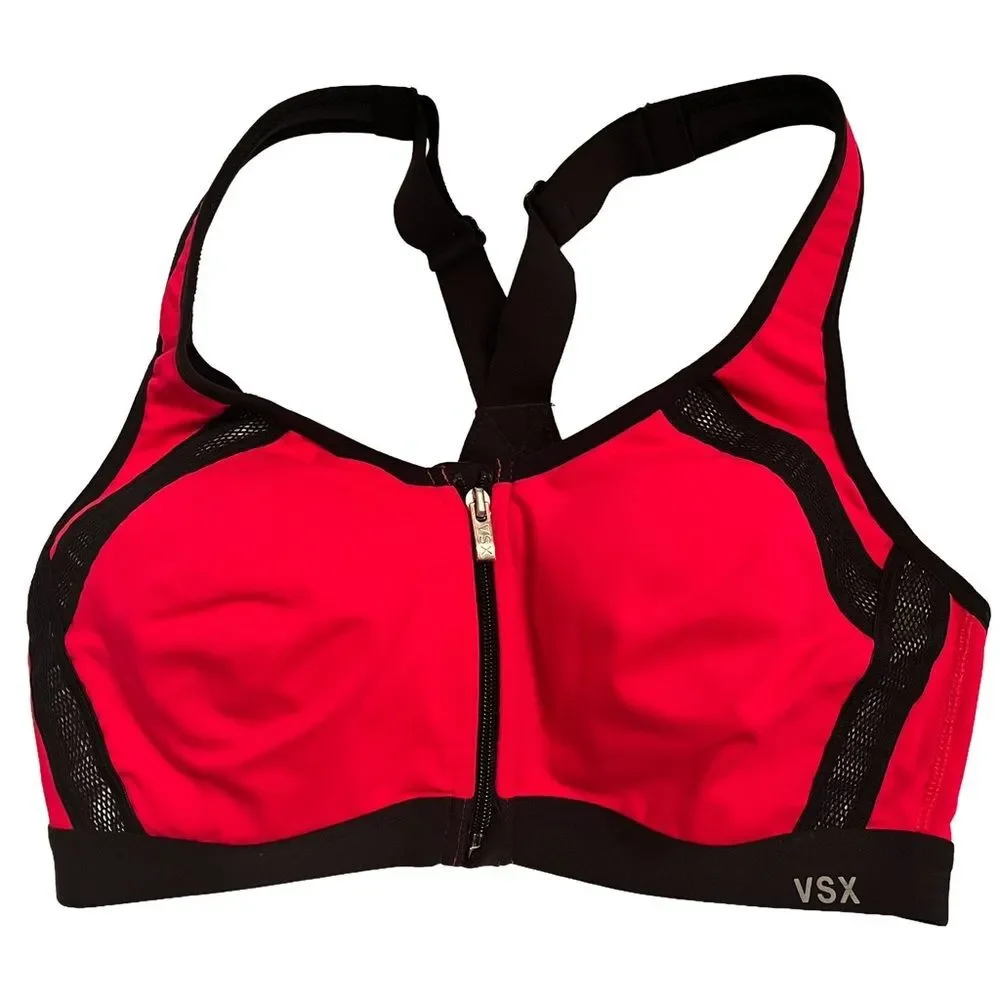 VSX Women's Bold Red Black Knockout Sports Bra size 34B Front Close high impact